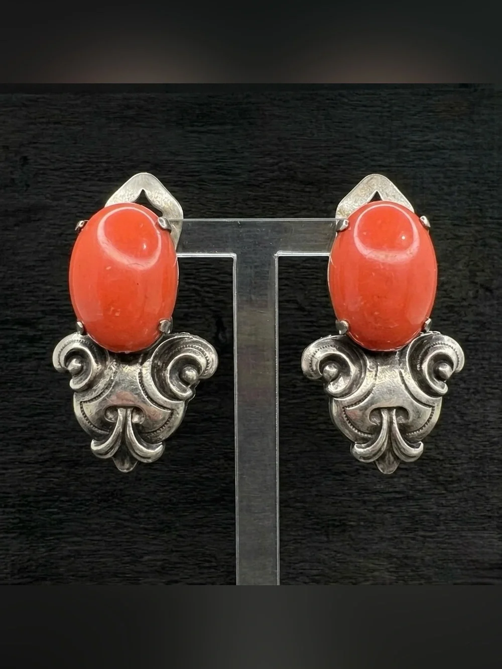 Vintage 80s GAS Bijoux St Tropez Faux Coral Cabochon Silver Tone Clip Earrings